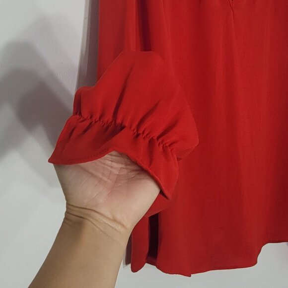 BLOUSOLOGY Women's Red Long-Sleeve VNeck Ruffled Collar Tied Cuffs Blouse Size L - Picture 5 of 12